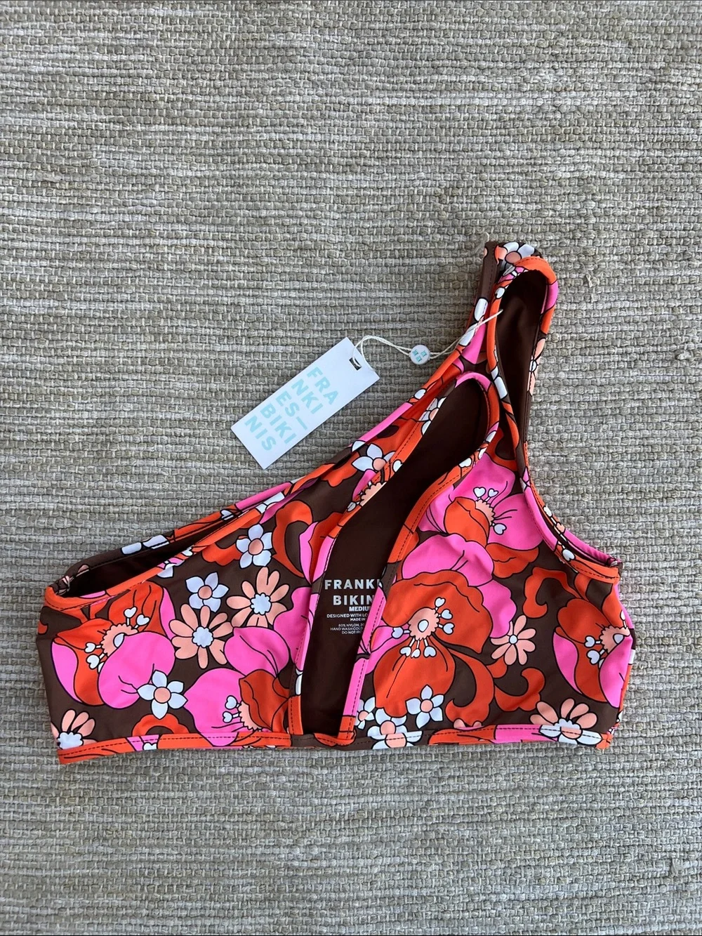 Frankies Bikinis one-shoulder Cutout Retro Daisy Brown Orange Pink bikini top M